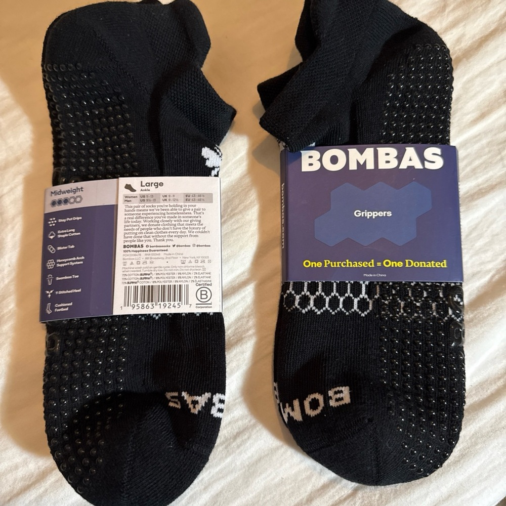 BOMBAS Gripper Ankle 2 Pair Black Socks Size Large Midweight
